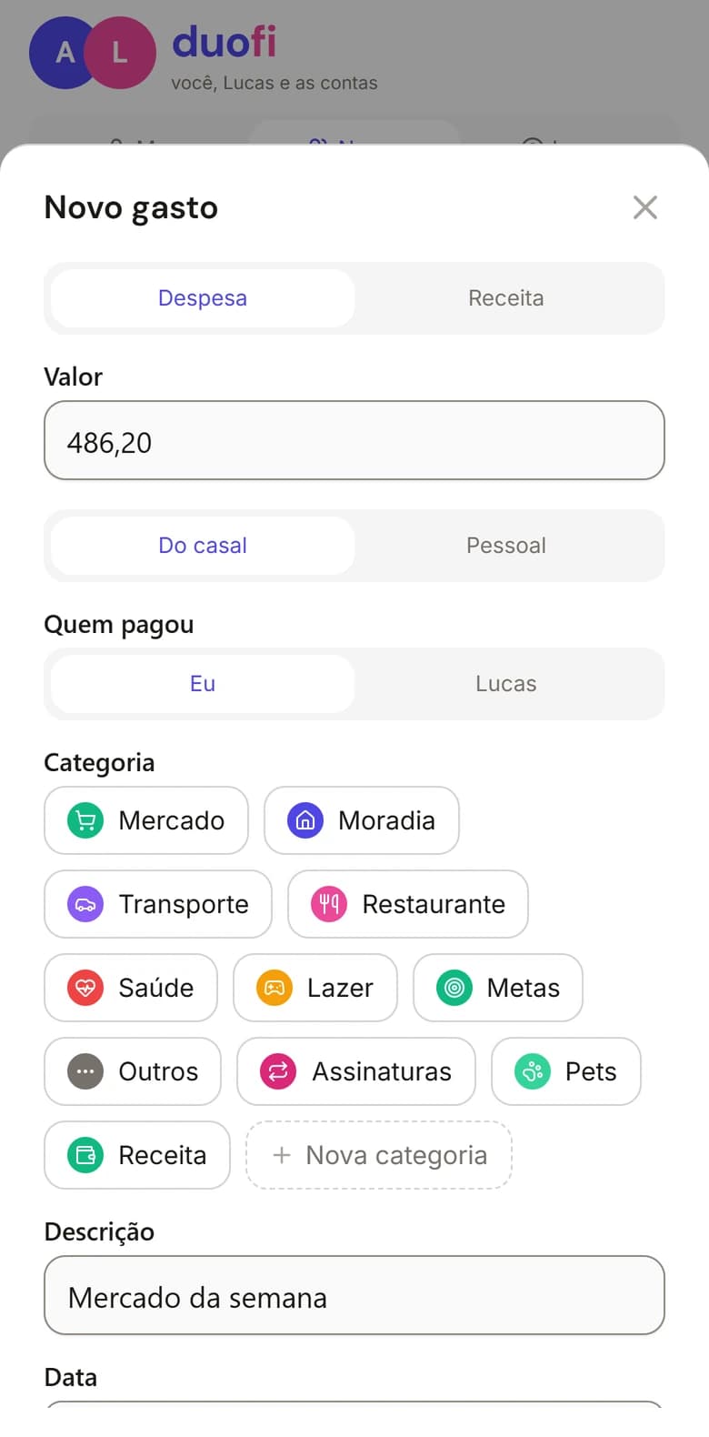 Formulário Novo gasto do DuoFi: valor R$ 486,20, do casal, quem pagou e categorias