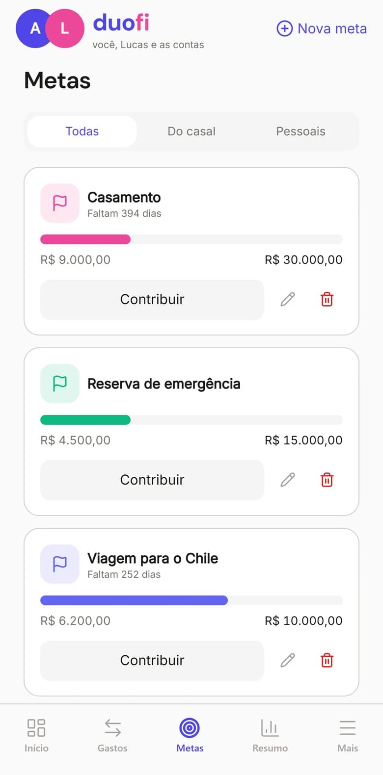 Tela Metas do DuoFi com Casamento, Reserva de emergência e Viagem para o Chile